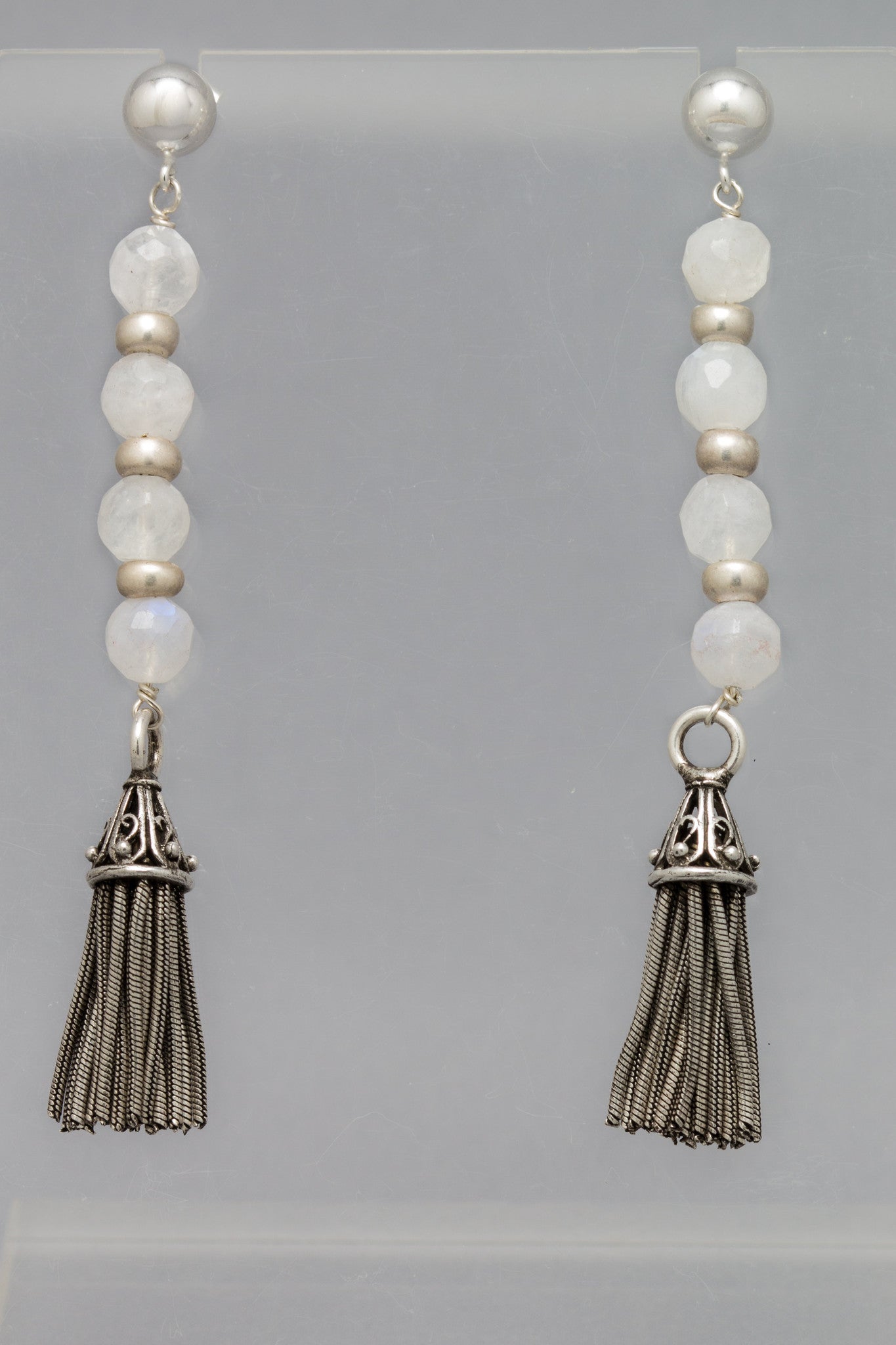 Moonstone Earrings with Silver Tassels