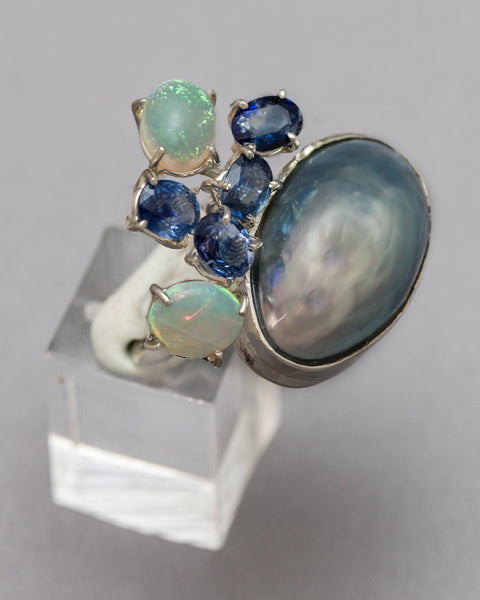 Grey Mother of Pearl Ring with Sapphires and Opals