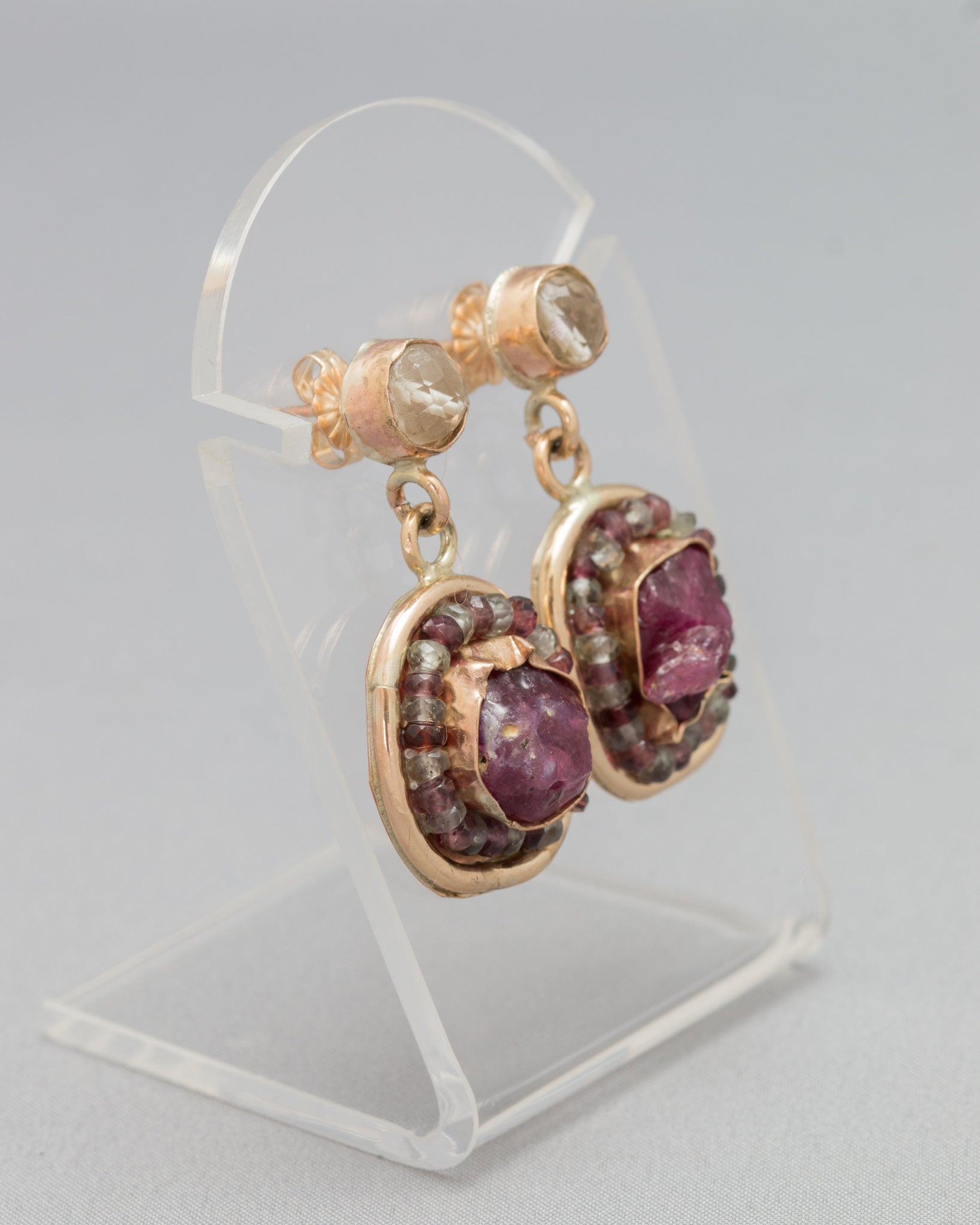 Raw Ruby Earrings with Green Amethyst and Multi-coloured Sapphires