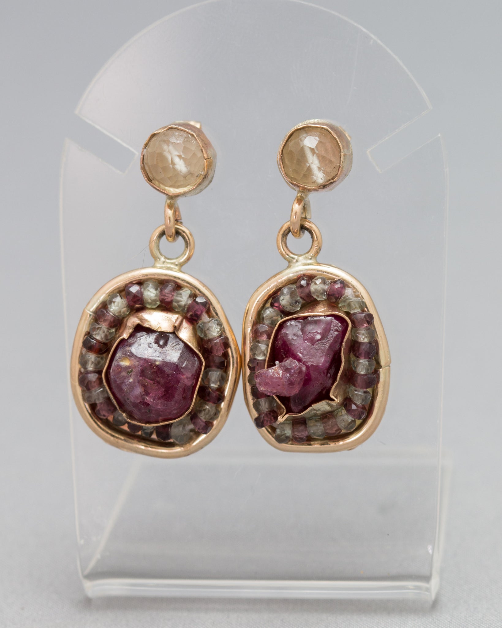 Raw Ruby Earrings with Green Amethyst and Multi-coloured Sapphires