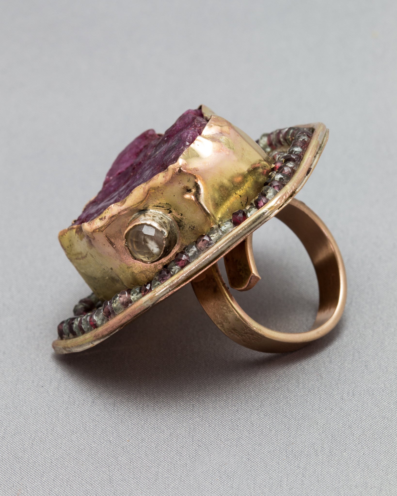 Red Beryl Ring  with Green Amethyst and Multi-Coloured Sapphires