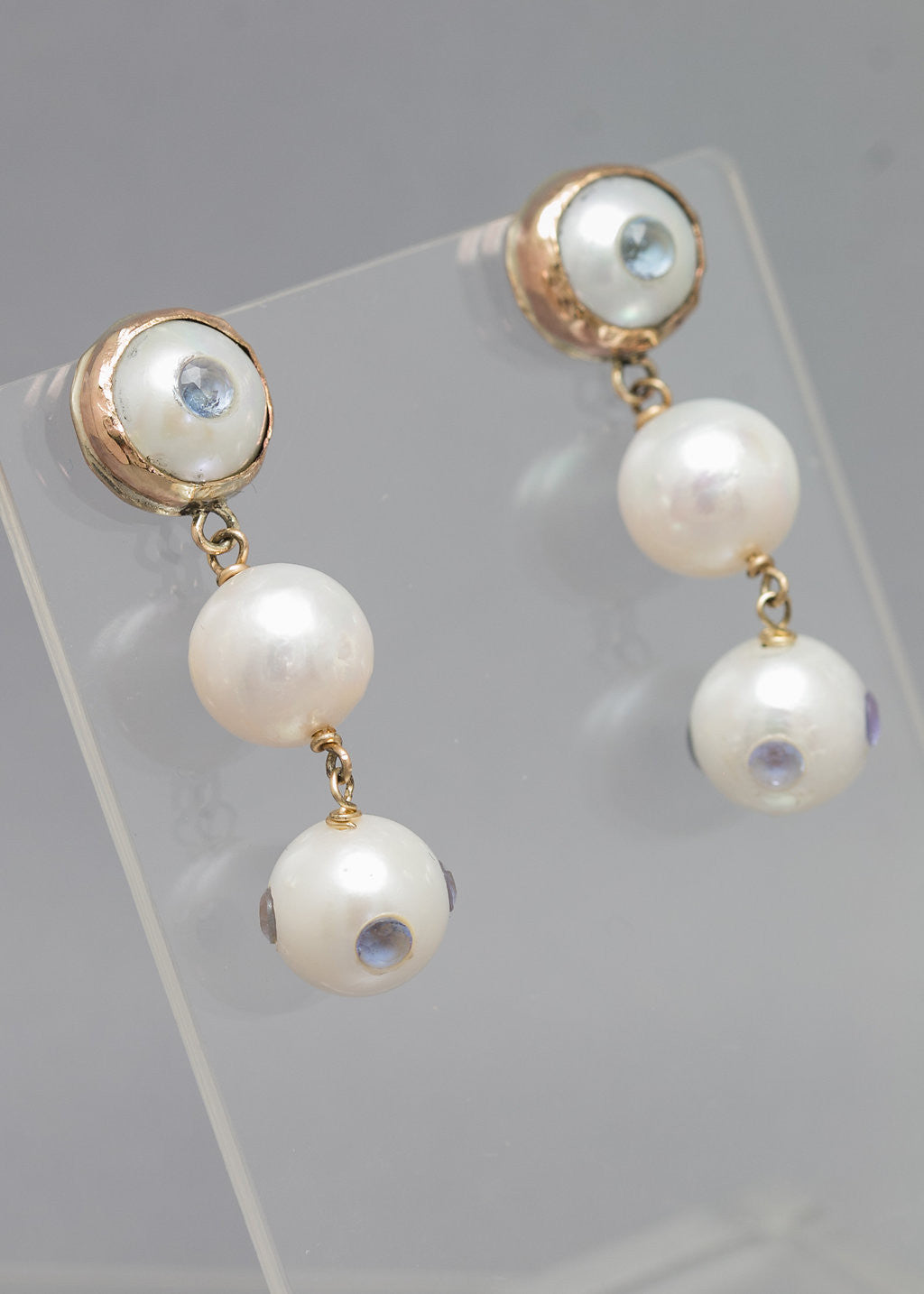 Tanzanite studded drop pearl earrings